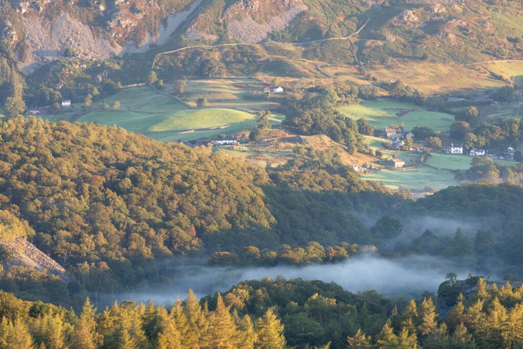 Landscape photo of Little Langdale during a misty autumn morning in the Lake District.