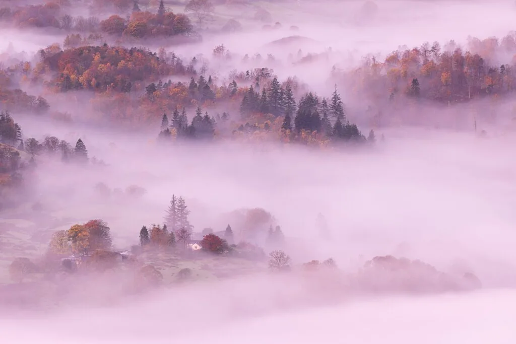 A dream landscape photograph captured from Loughrigg Fell featuring a quintessential Lake District house surrounded by autumnal trees and mist.