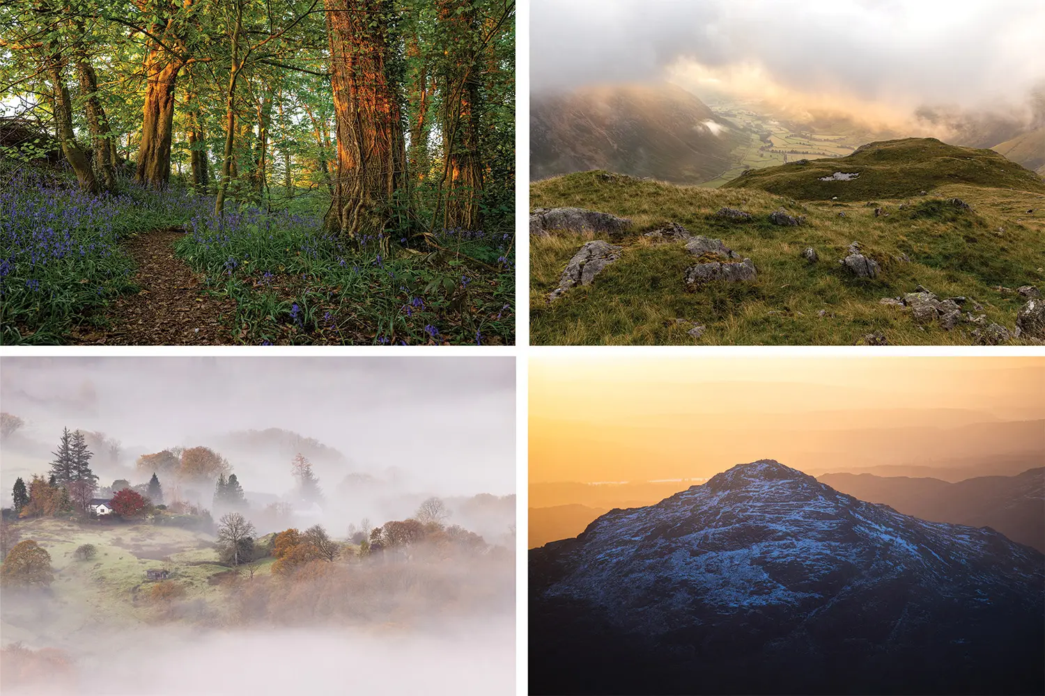 A four-image composite by Still Outdoors featuring landscape photography in Rainford Village and the Lake District during spring, summer, autumn and winter.