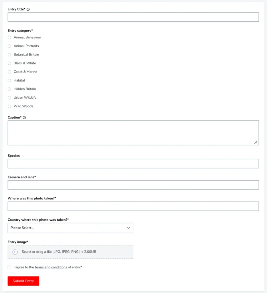 A screenshot of the British Wildlife Photography Award's entry form, demonstrating how simple the submission process is.