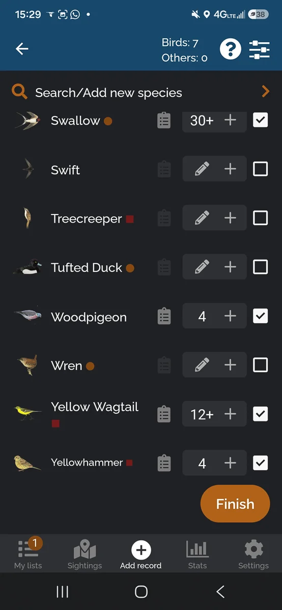 A screenshot from the BirdTrack mobile app showing the add new species feature.