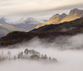 The Langdale Pikes as seen from Loughrigg Fell. Mist shrouds the foreground with a handful of autumnal trees poking out.