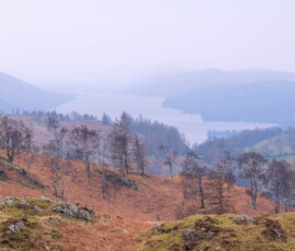 A blue hour landscape photograph of Coniston Water during a hazy morning on Tom Heights in the Lake District.